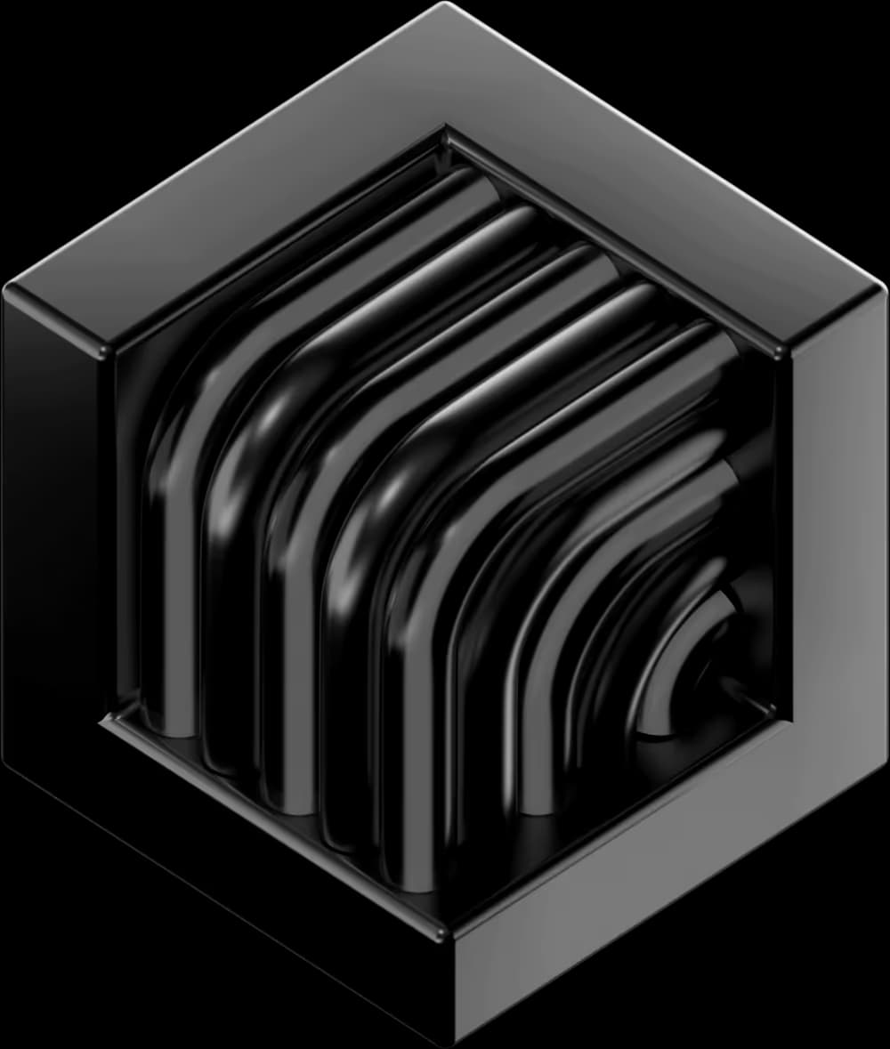 A black chrome cube built from nested, recessed structural layers.