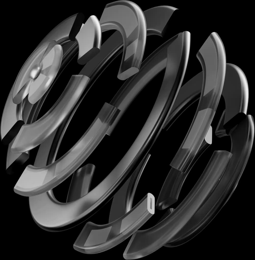 A black chrome sphere enclosed in a protective cage of curved bands.