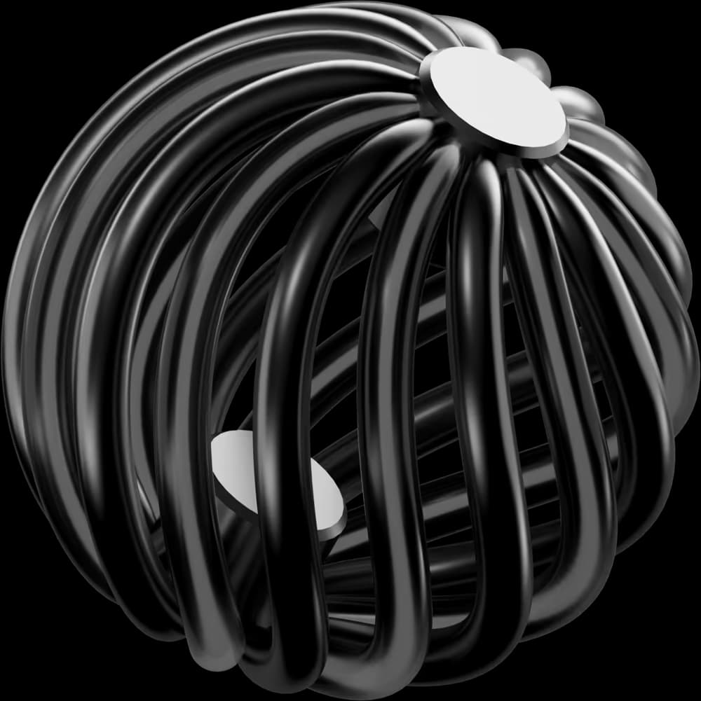 A black chrome sphere woven from meridian filaments, like a node network.